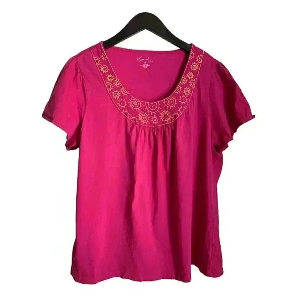 Kim Rogers Hot Pink Shirt Size 1X with Embroidered Suns Boho